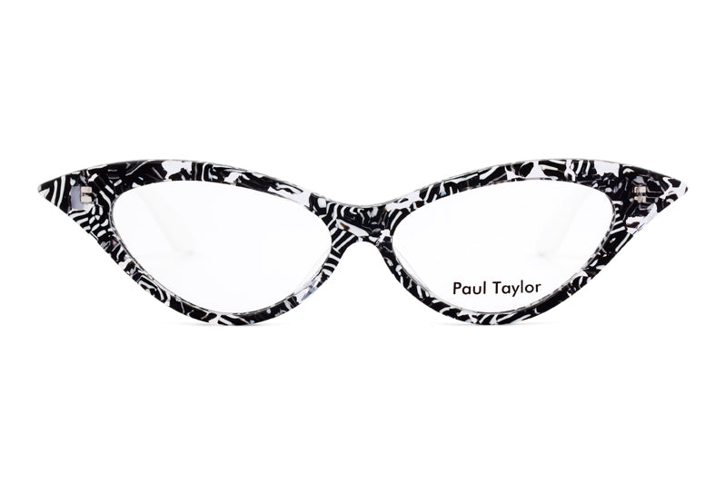 DORIS Optical Glasses J74/W Black, White & Crystal Pattern FRONT with White TEMPLES - Paul Taylor Eyewear
