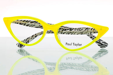  M001 Optical Glasses E62 Canary Yellow FRONT with Black & Black & White Patterned underlay TEMPLES - Paul Taylor Eyewear