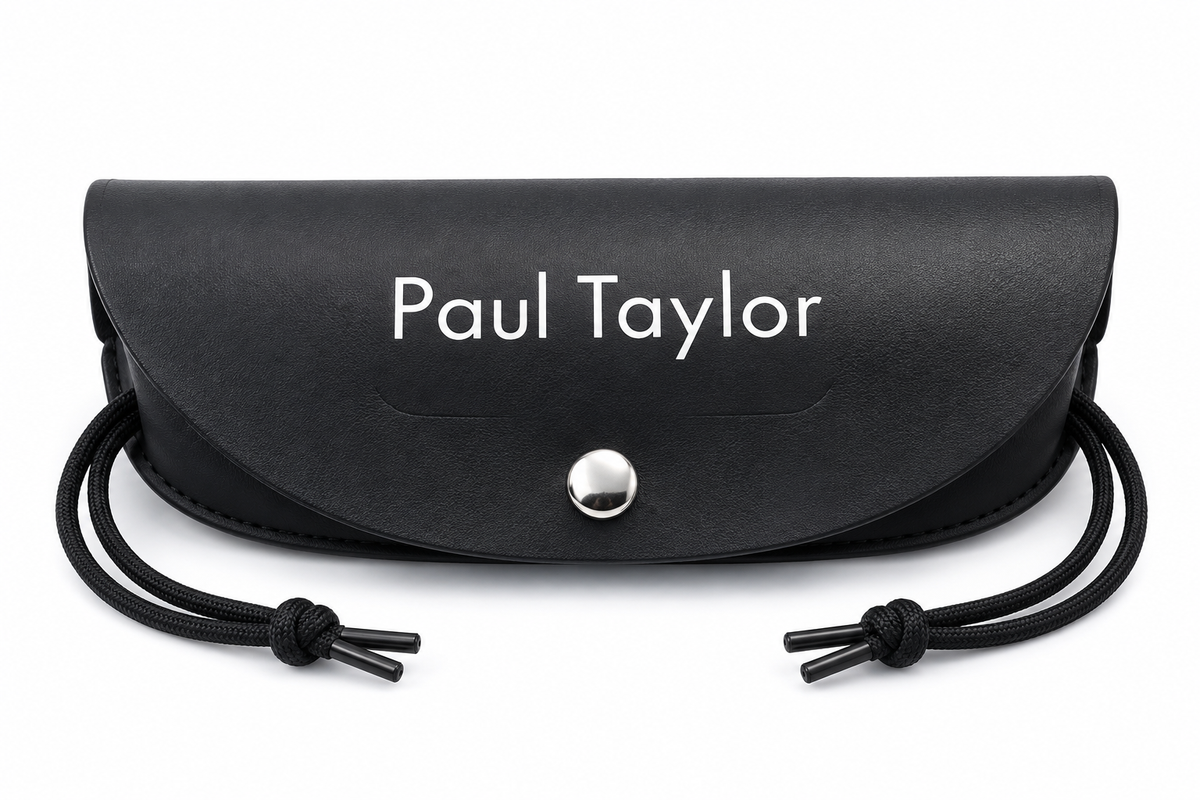 Leather exterior Spectacle Case with a Nylon draw string stud button closure, Micro Fibre Lens Cleaning Cloth and Gift Box