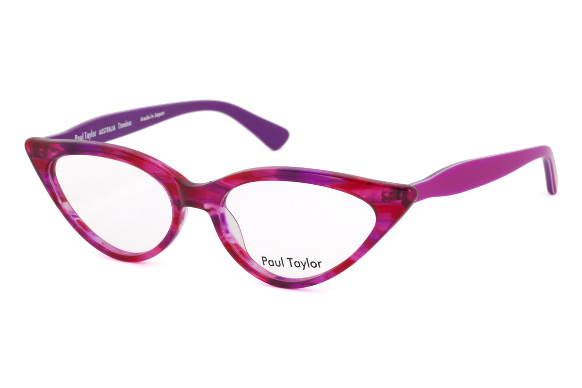 M001 Optical Glasses E16 Pink & Purple Swirl FRONT with Pink & Purple Underlay TEMPLES - Paul Taylor Eyewear