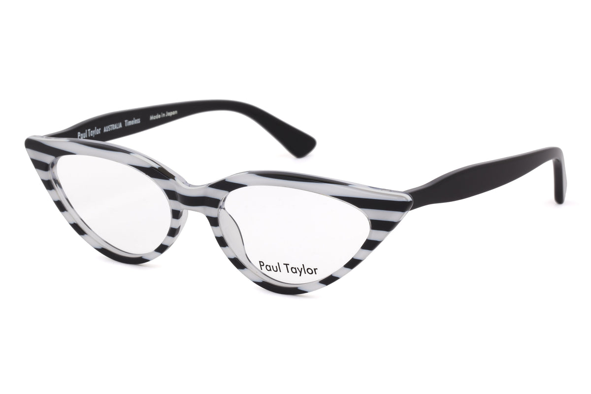 M001 Optical Glasses A1 Horizontal Black & White Striped FRONT with Black TEMPLES - Paul Taylor Eyewear