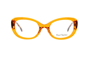 J02V Transparent Orange FRONT with Yellow Orange Brown Red Patterned TEMPLES