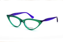 Load image into Gallery viewer, M001 Optical Glasses B27P Bright Transparent Green FRONT with Deep Purple TEMPLES - Paul Taylor Eyewear
