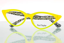 Load image into Gallery viewer,  M001 Optical Glasses E62 Canary Yellow FRONT with Black &amp; Black &amp; White Patterned underlay TEMPLES - Paul Taylor Eyewear
